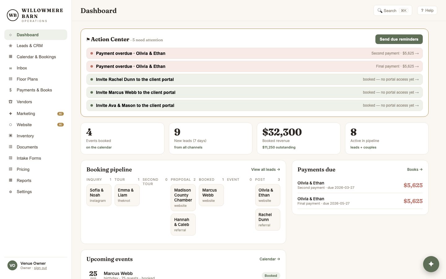The Oikos Venue dashboard: action center, pipeline, payments due and upcoming events
